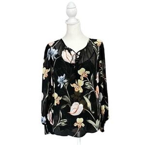 White House Black Market Sheer Floral Tie Neck Blouse Black Size XS